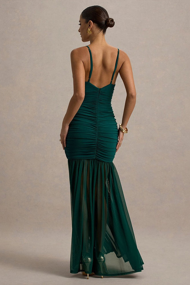 Satin Spaghetti Strap Plunge Ruched Maxi Dress - View 12