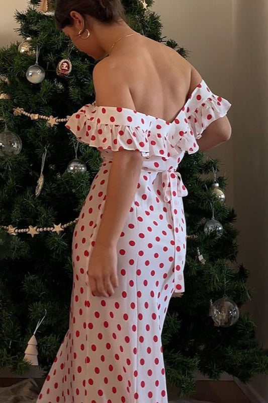 Polka Dot Off-Shoulder Ruffle Neck A-Line Midi Dress