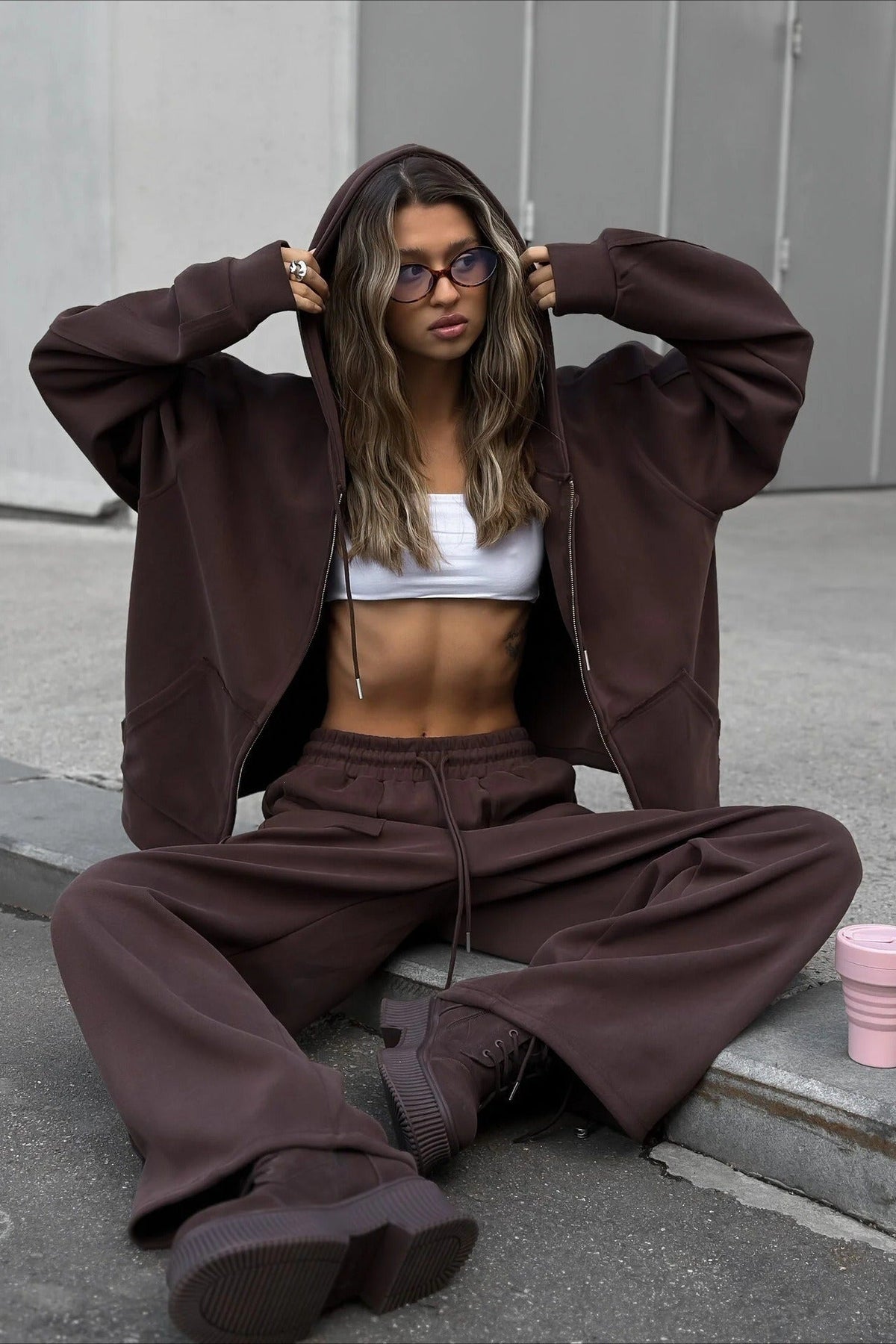 Solid Oversized Zip Front Hoodie Two Piece Set