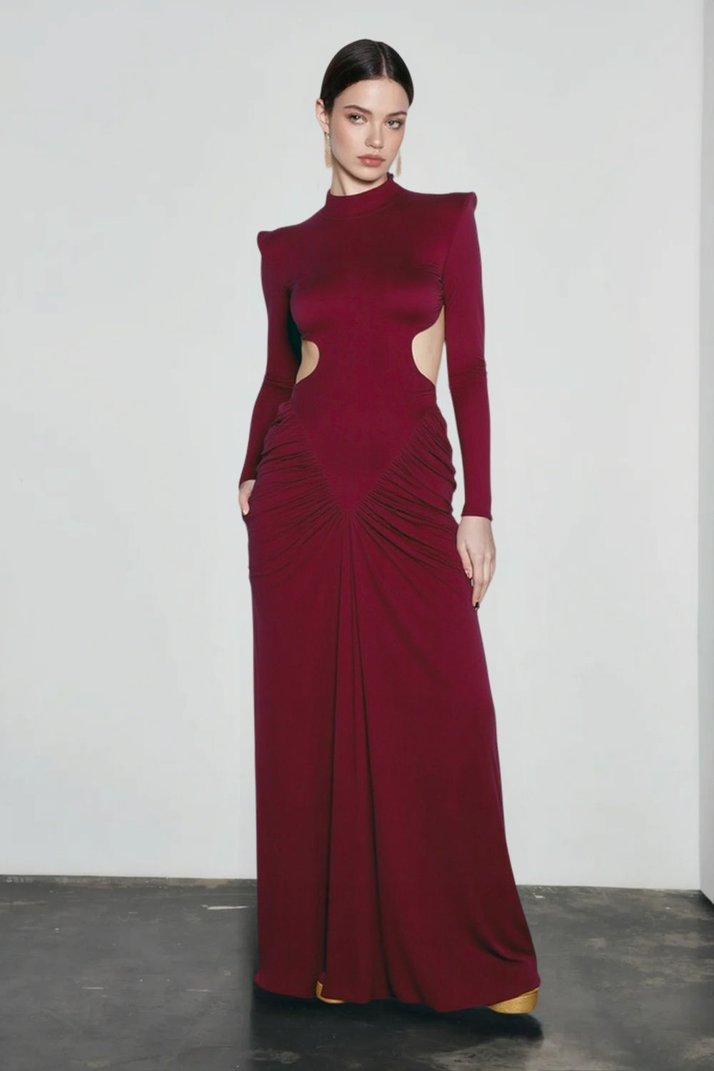High-Neck Long Sleeve Cutout Draped Jersey Maxi Dress