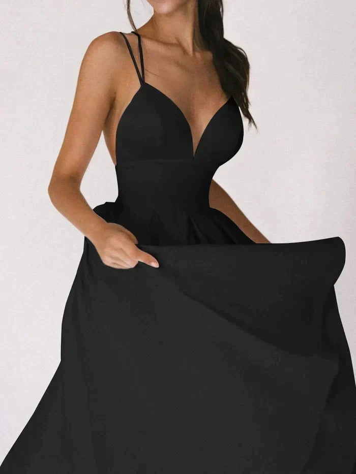 Double Strap Deep V-Neck Cinched Waist Midi Cocktail Dress - View 10