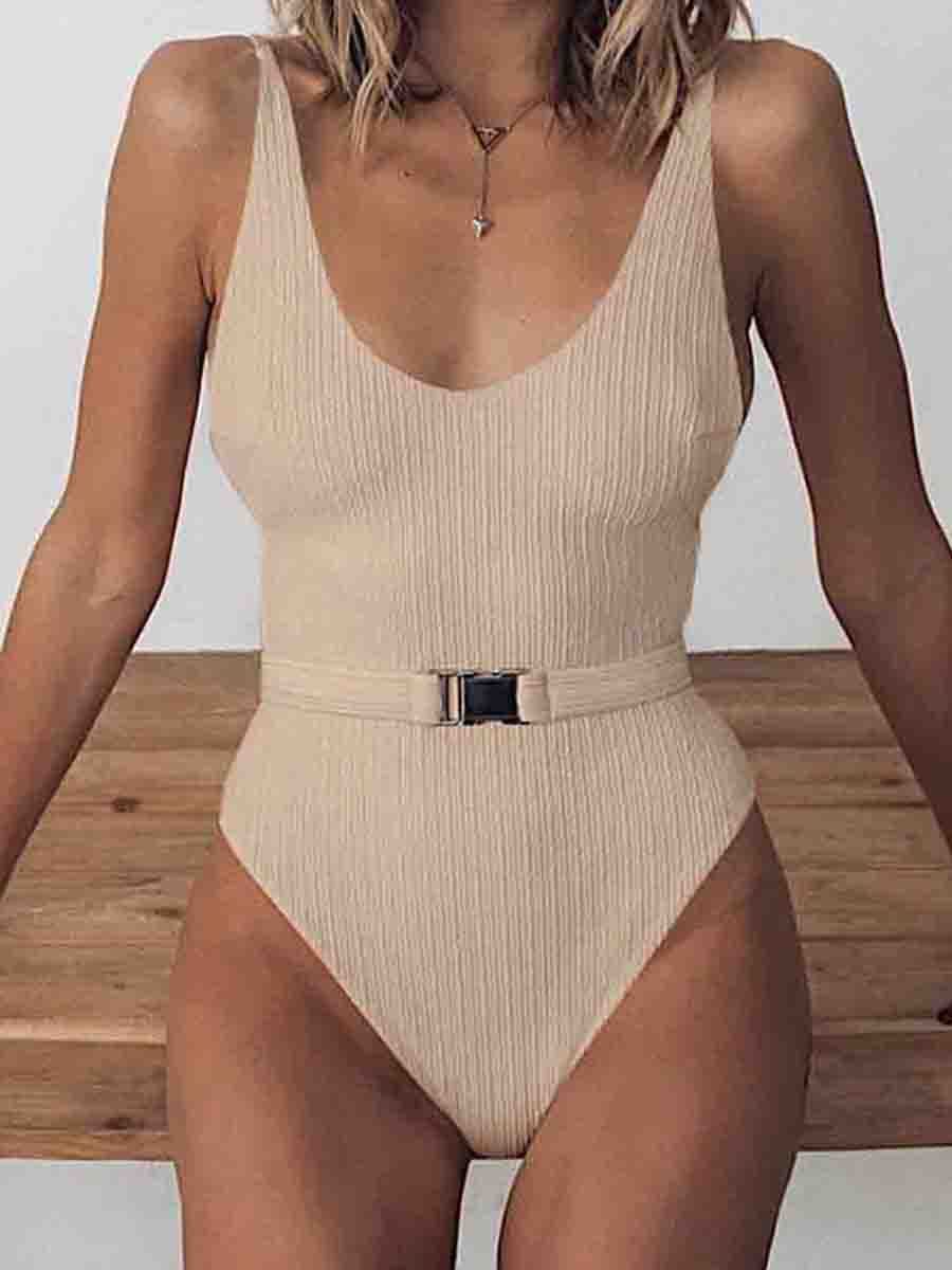 Belt Design Solid One-piece Swimsuit - Fashionpara