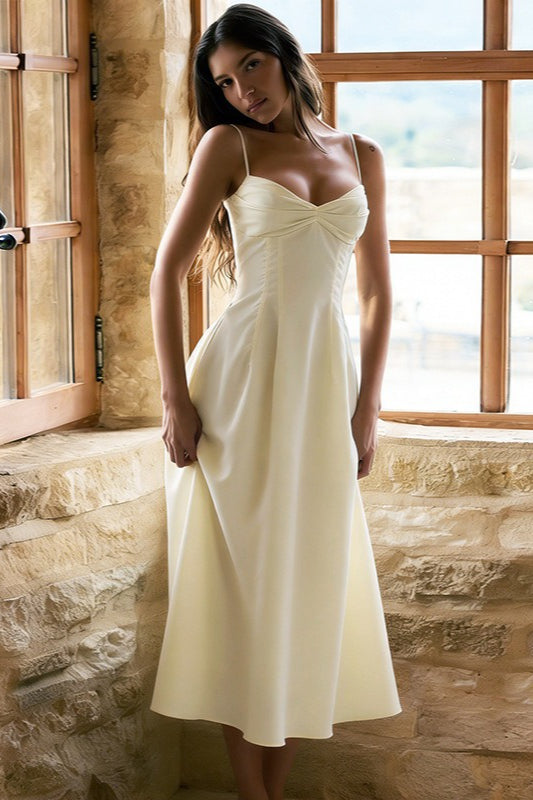 Sweetheart Spaghetti Strap Twist-Front A-Line Midi Dress