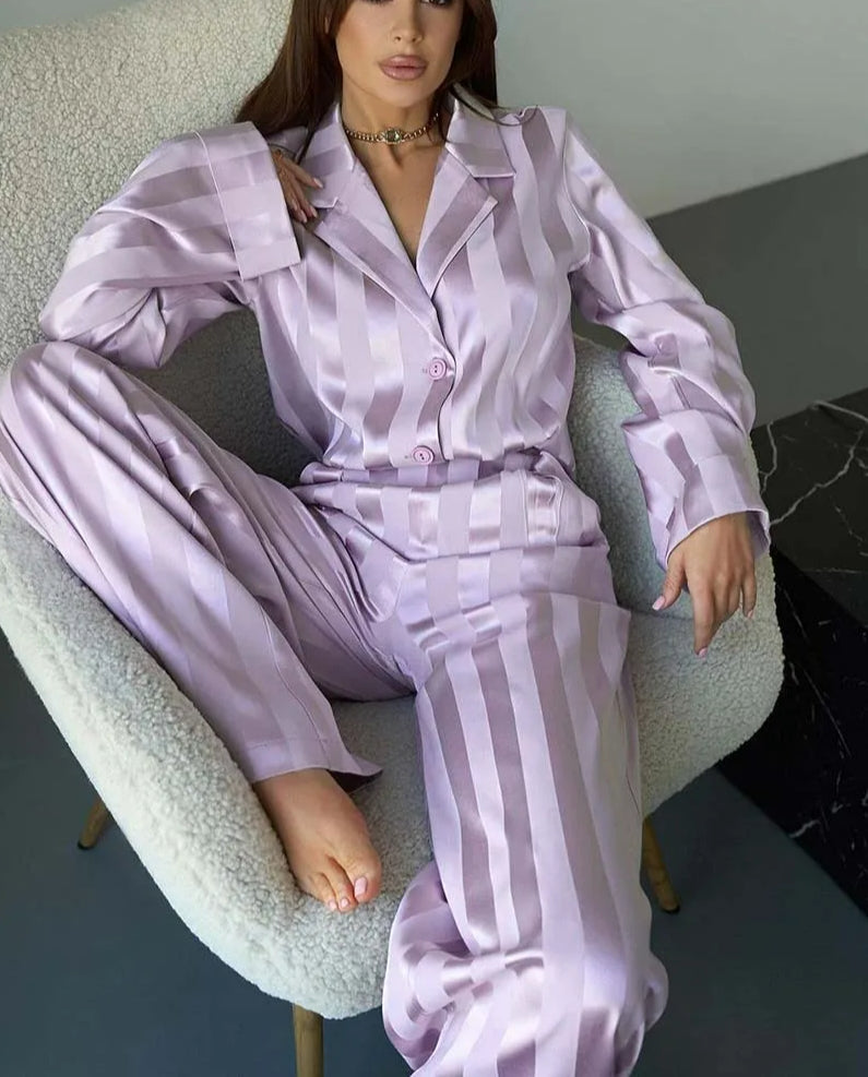 Pink Print Lapel Full Pants Office Two Piece Set