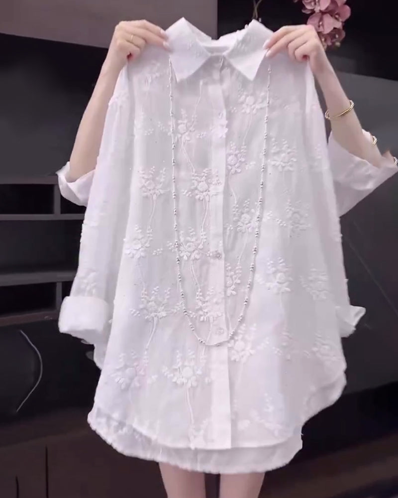 Collared Long Sleeve Floral Embroidered Button Front Shirt