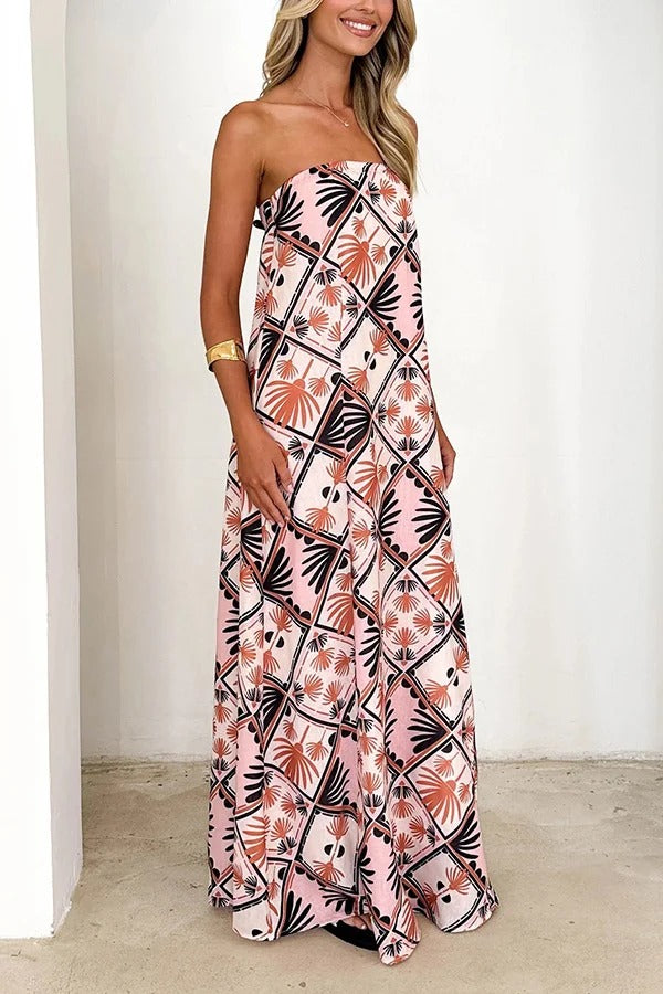 Unique Printed Sexy Strapless Backless Holiday Casual Maxi Dress - Fashionpara