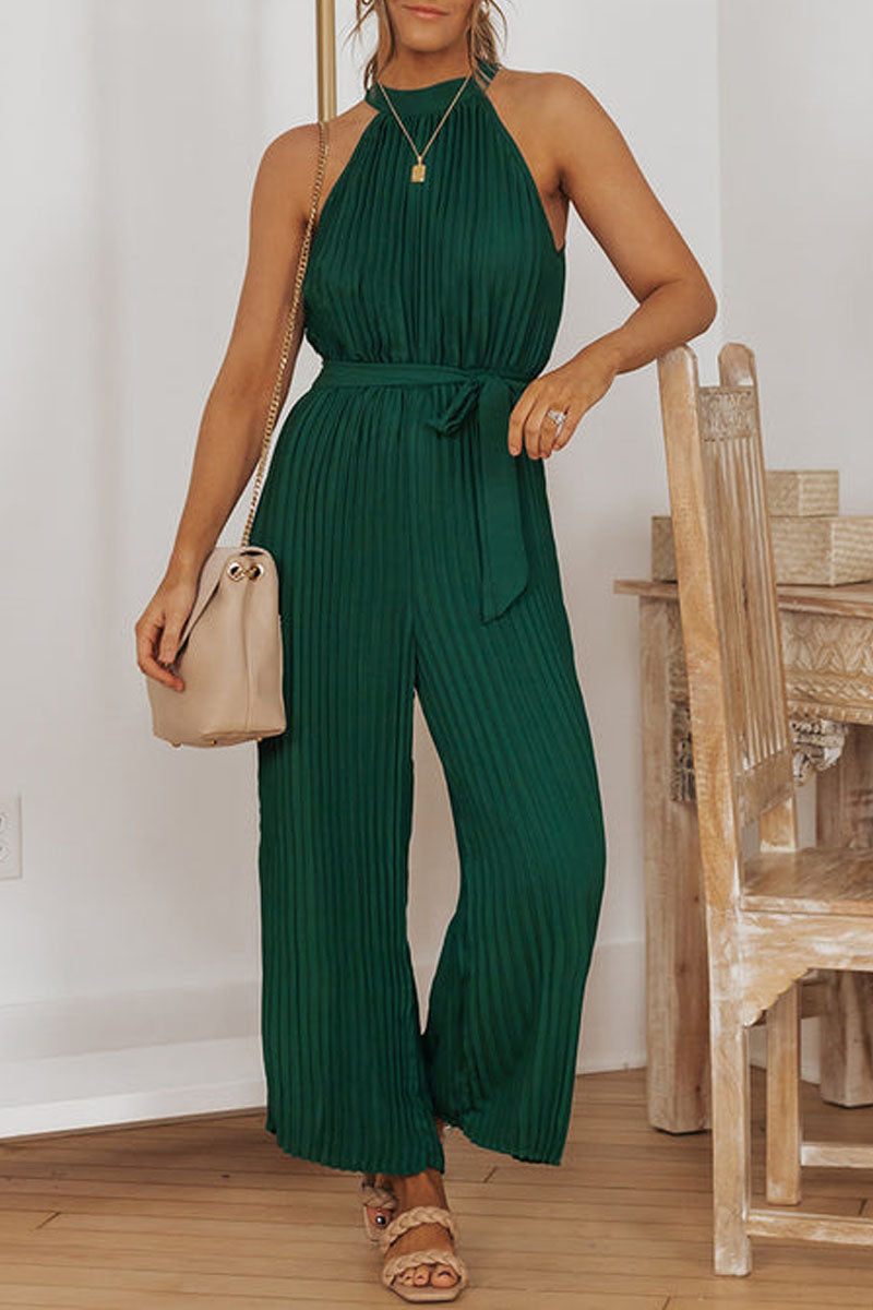Accordion-pleated Belted Grecian Neck Sleeveless Jumpsuit - Fashionpara