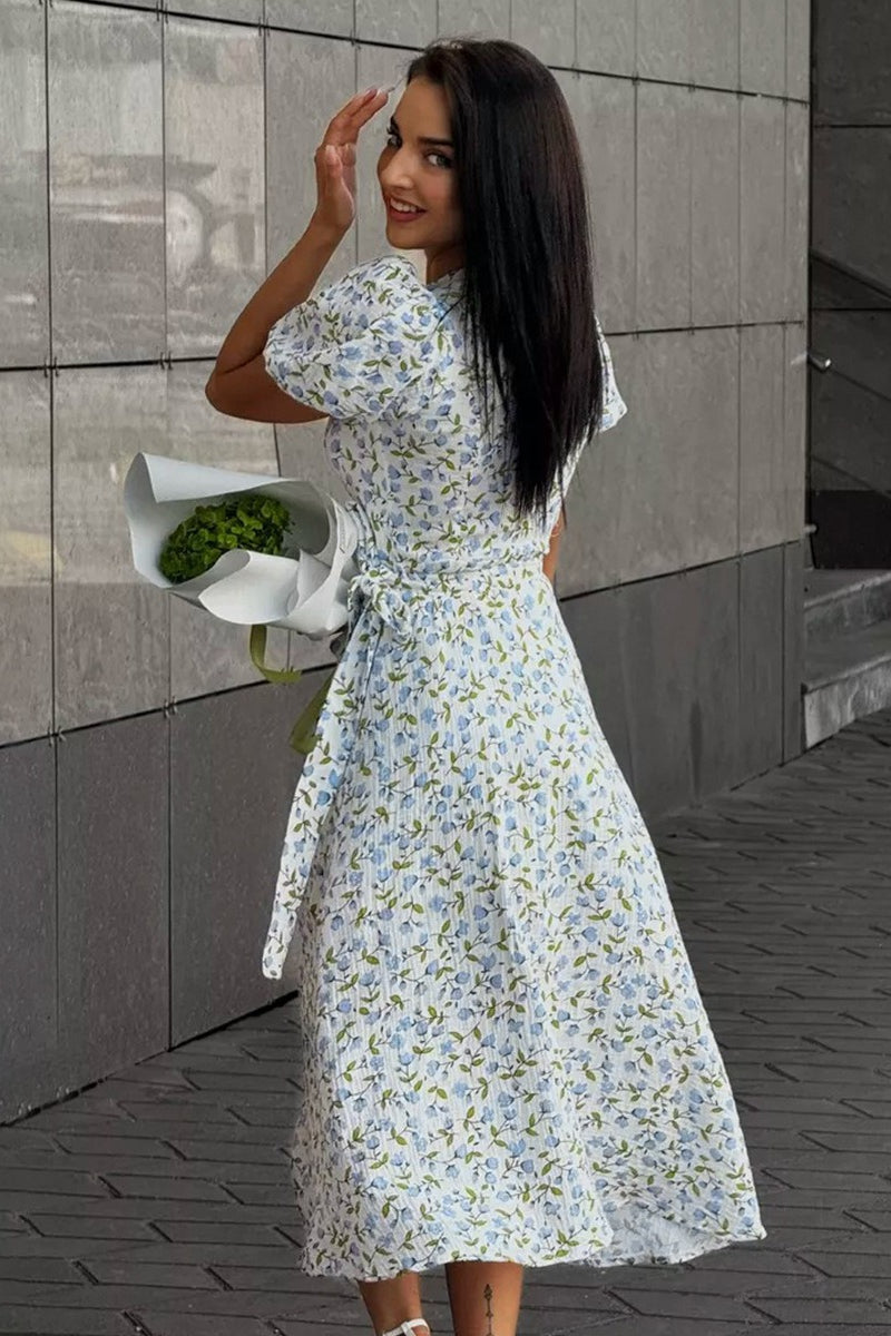 Floral V-Neck Puff Sleeve Wrap A-Line Midi Dress 5