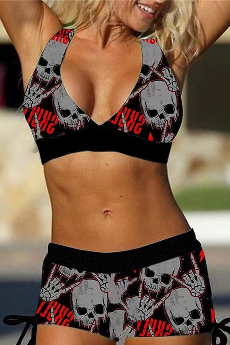 🔥Vintage Skull Print Side Drawstring Two-Piece Swimsuit - Fashionpara