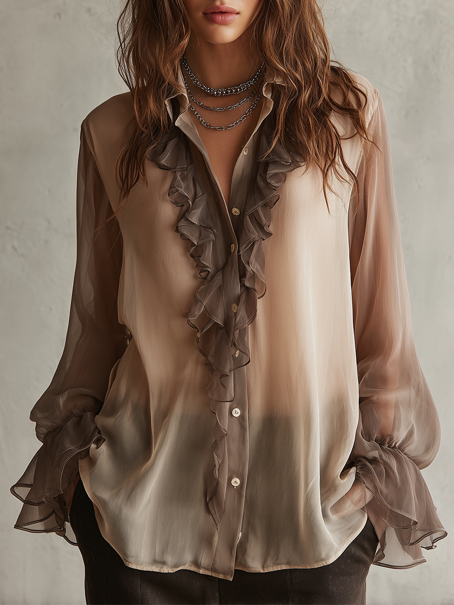 Retro Ruffle Neckline Bell Sleeves Chiffon Blouse