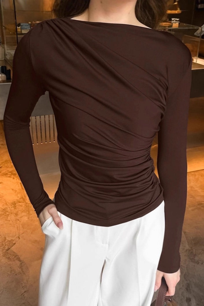 Vintage Brown Crew Neck Slim Waist Long Sleeve Base Layer
