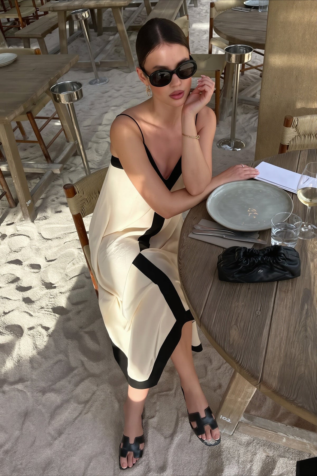 Satin Contrast Trim V-Neck Spaghetti Strap Maxi Dress