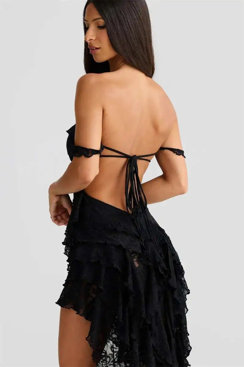 Lace Ruffle Off Shoulder Midi Dress - View 9