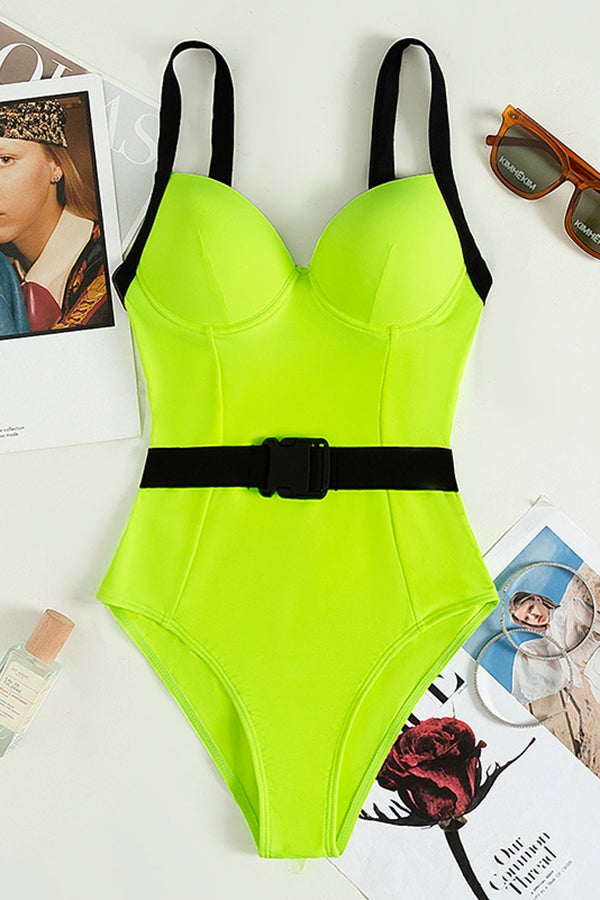 Solid Color Belt Detachable One-piece Swimsuit - Fashionpara