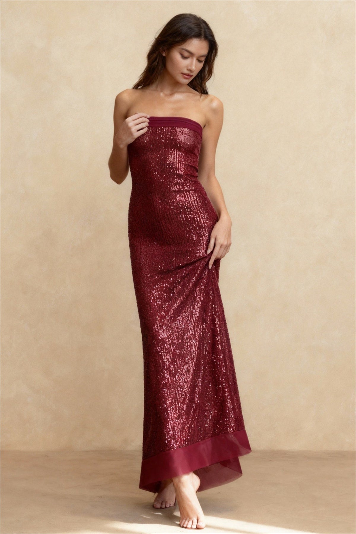 Sequin Strapless Bandeau Bodycon Column Maxi Dress