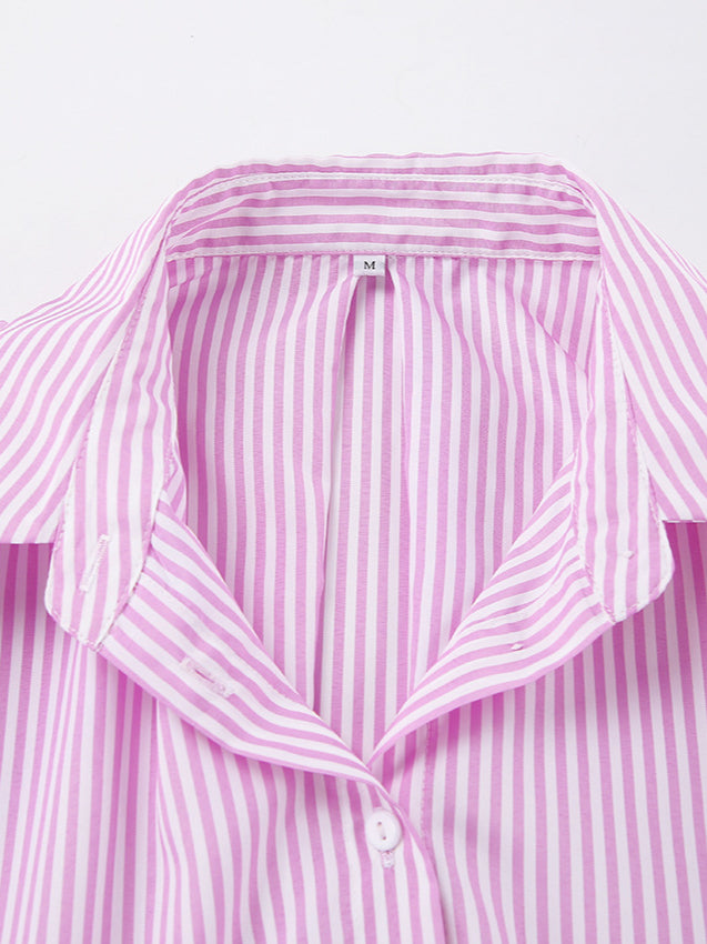 Striped Tie Waist Long Sleeve Blouse - Fashionpara