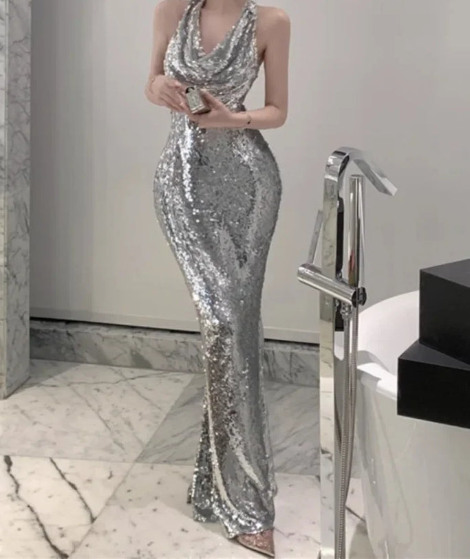 Sequin Halter Neck Cowl Backless Mermaid Maxi Gown