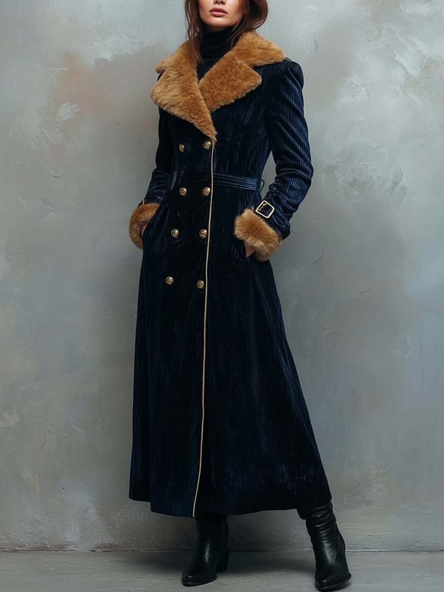 Navy Blue Vintage Eleganc Velvet Long Coat With Faux Fur Collar