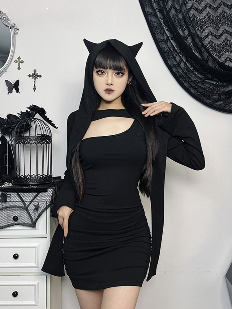 Hooded Shrug Long Sleeve Bodycon Mini Dress Set