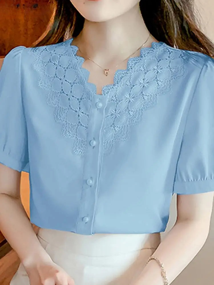 Solid Color V Neck Short Sleeve Office Blouse