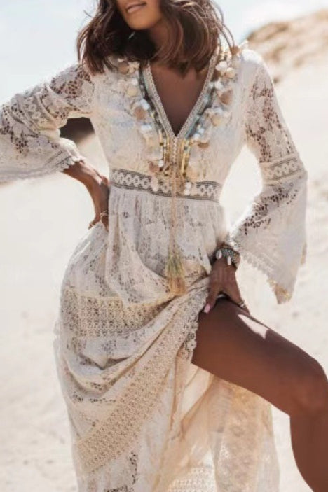Crochet Lace V-Neck Bell Sleeve Slit Maxi Dress