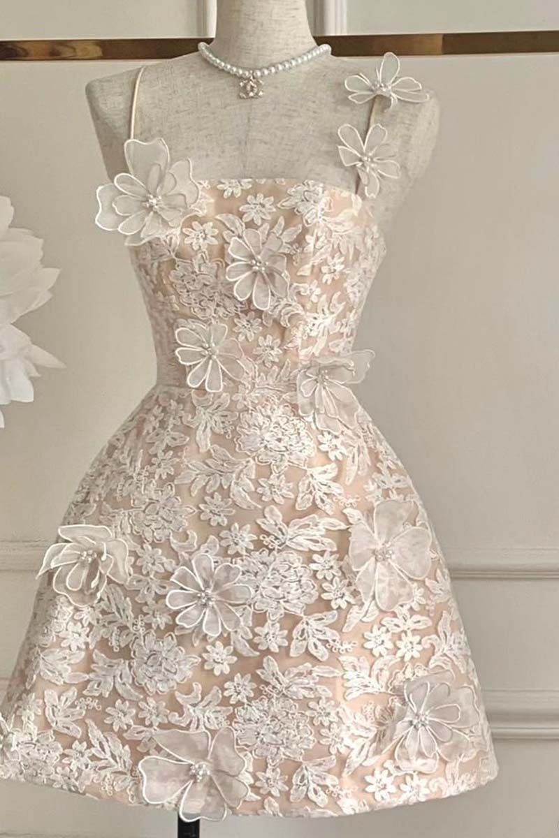 Spaghetti Straps Sleeveless Appliqued A-Line Mini Homecoming Dress - Fashionpara