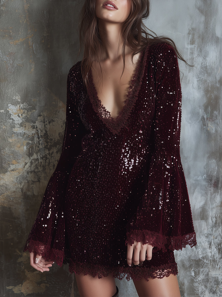 Quiet Luxury Party Sequined Lace Trumpet Sleeve Mini Dress - Fashionpara