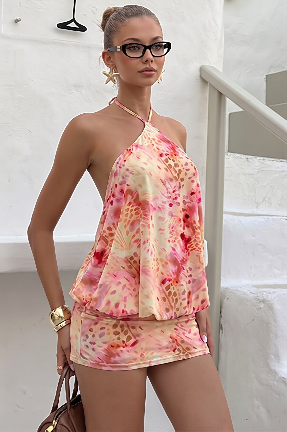 Abstract Print Halter Neck Backless Blouson Mini Dress