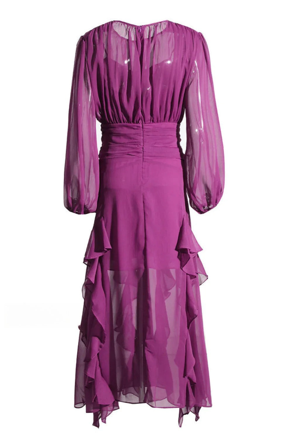 Chiffon Crew-Neck Long Sleeve Ruffle Maxi Dress