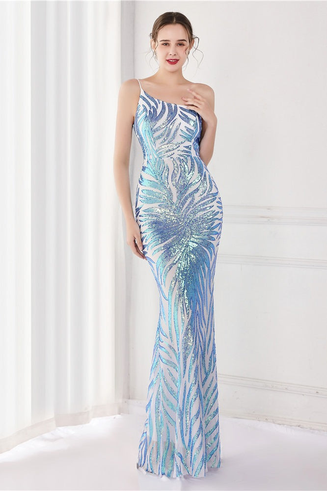 Sequin One Shoulder Mermaid Evening Gown - View 13