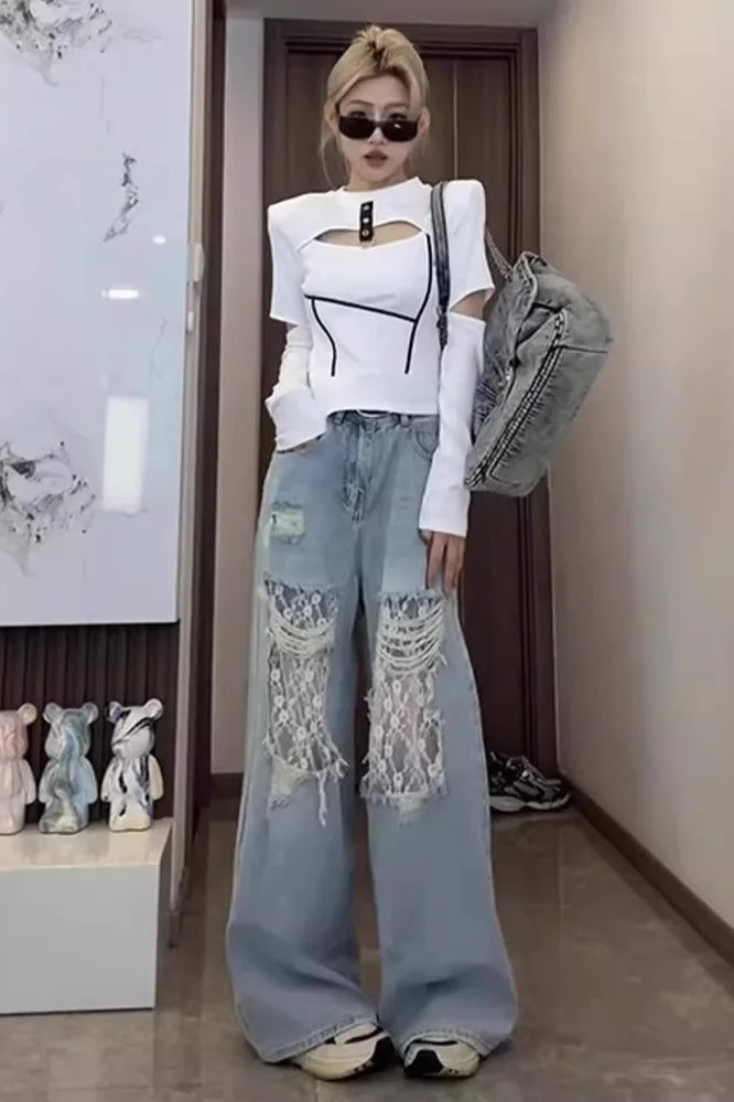 Lace Panel High Waist Wide Leg Jeans