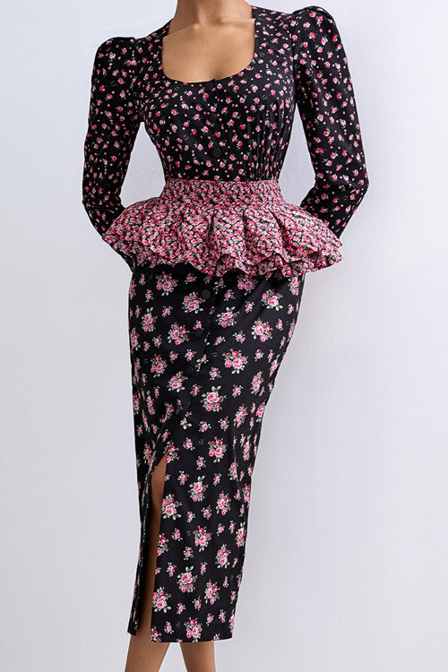 Square Neck Digital Print Ruffled Belt Floral Dress