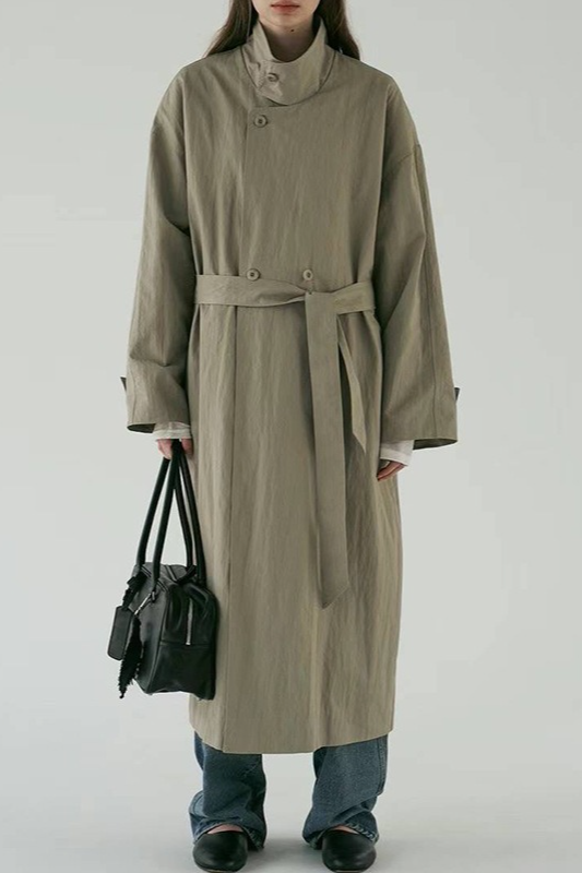Silhouette Stand Collar Minimalist Commuting Long Trench Overcoat - Fashionpara