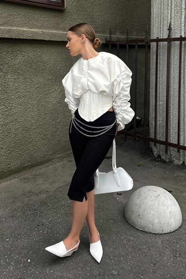 Ruched Round Neck Long Sleeve Blouse