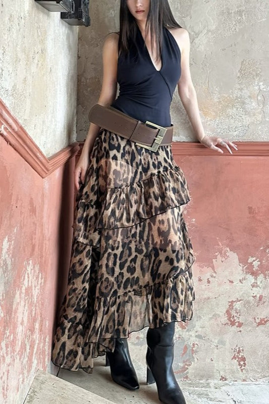 Y2K Leopard Print High-Waisted Loose Fit Skirt