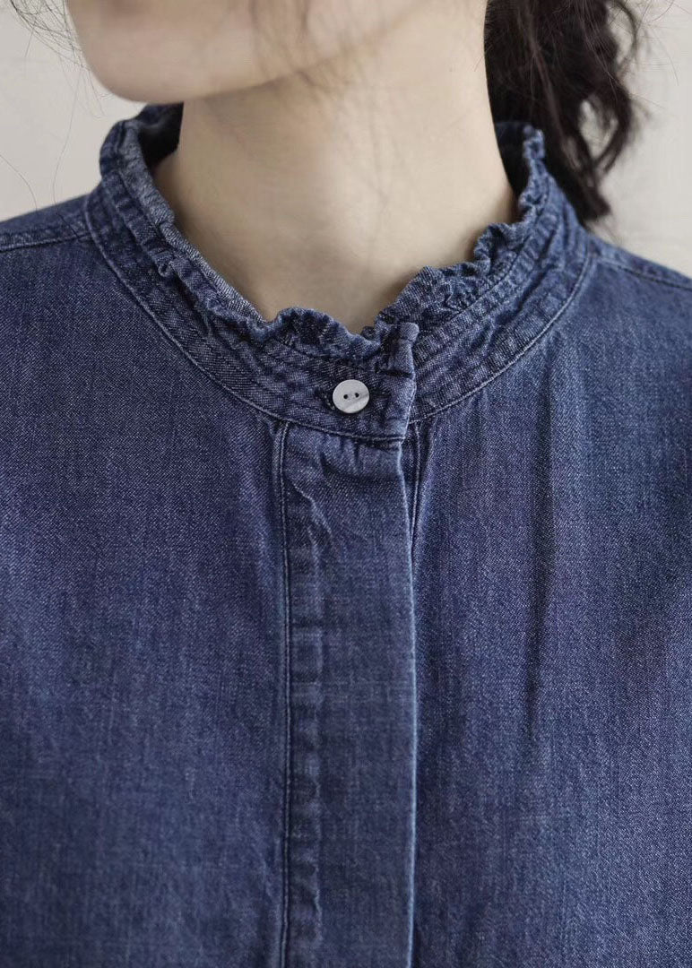 Ruffle Collar Cuff Long Sleeve Denim Button Front Midi Dress - View 5