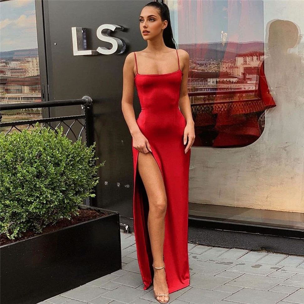 Satin Spaghetti Strap Backless High Slit Maxi Dress