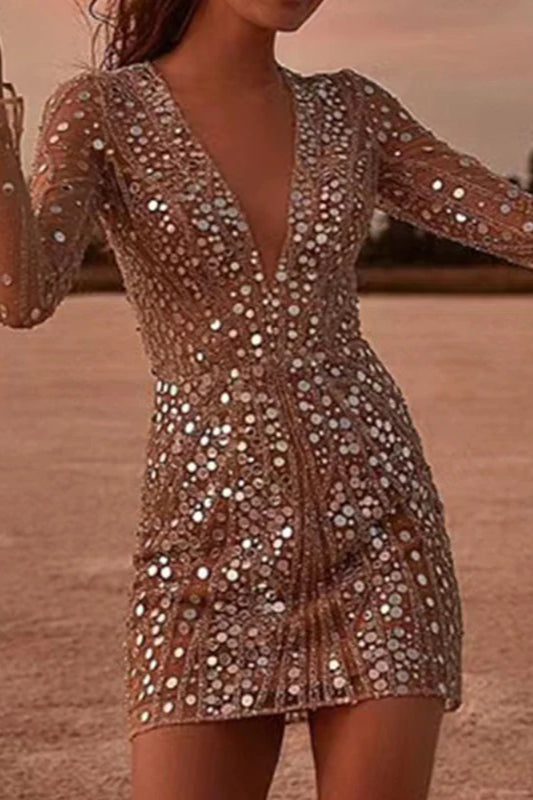 Sequin Embellished V-Neck Long Sleeve Mini Dress
