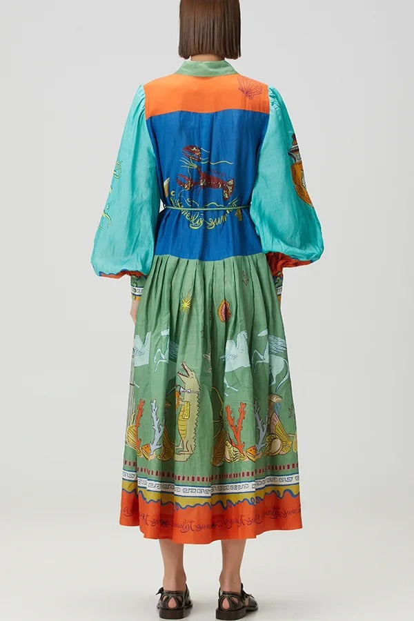 Puts A Smile Unique Print Lapel Lantern Sleeve Waist Tie Midi Dress - Fashionpara