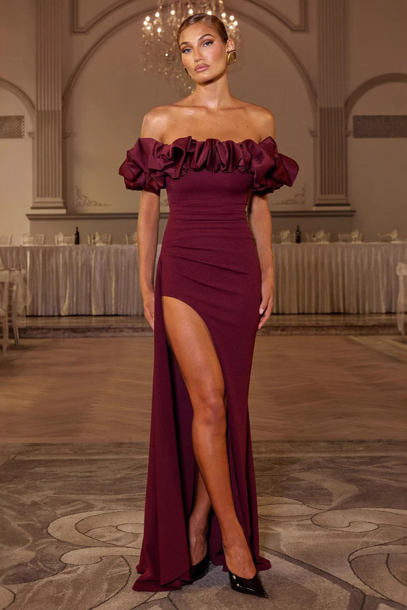 Elegant Off Shoulder Ruched Bodycon Mermaid Split Formal Dress
