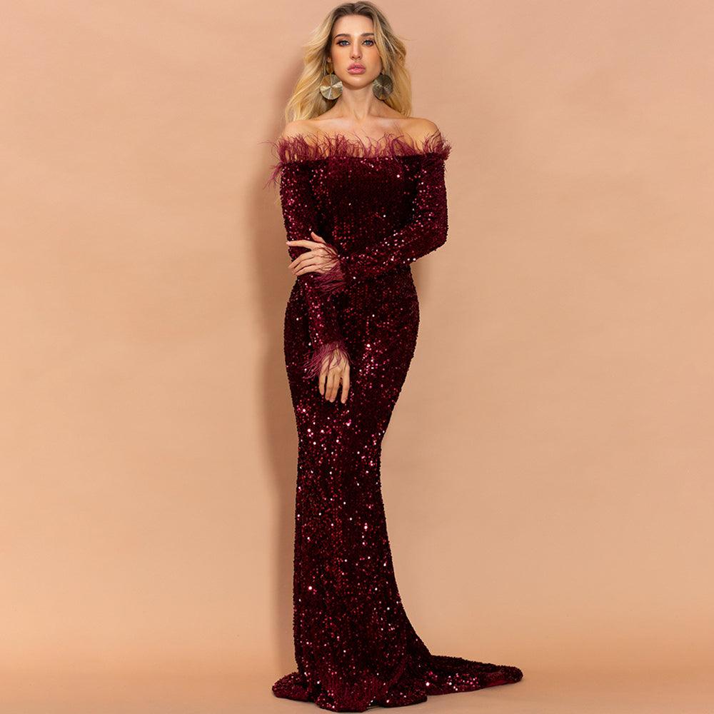 Crimson Red Feathered Mermaid Sequins Dress - Fashionpara