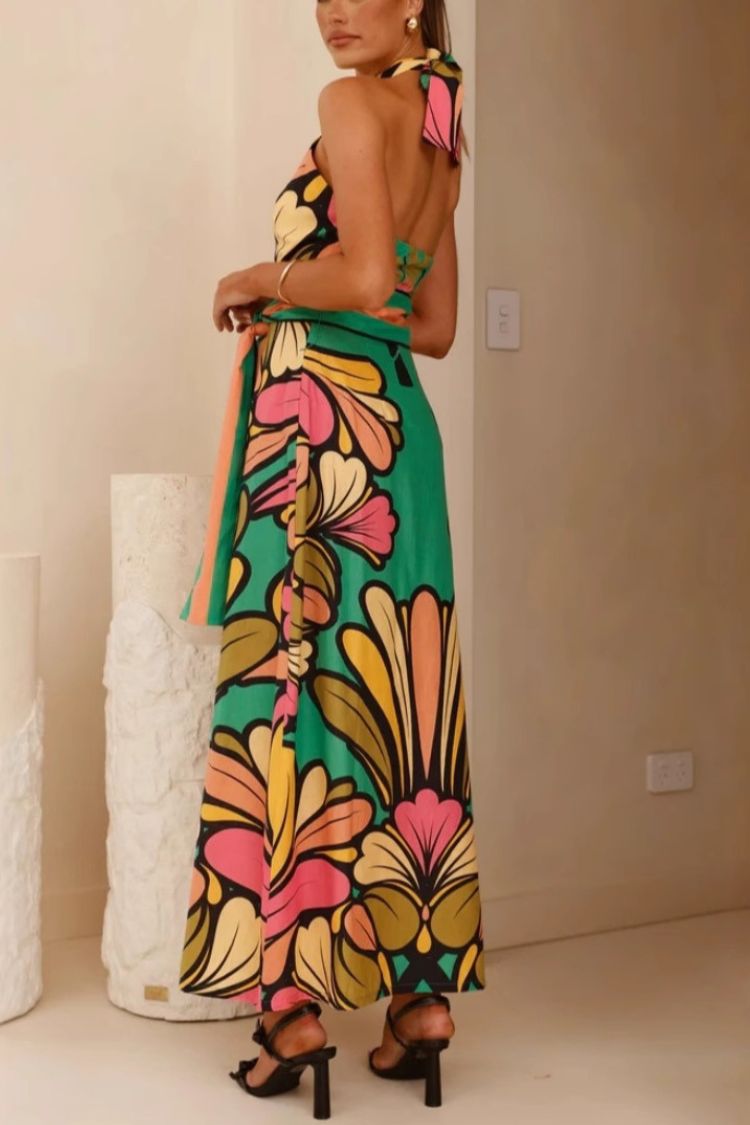 Unique Print Halter Neck Tie Backless Holiday Maxi Dress - Fashionpara