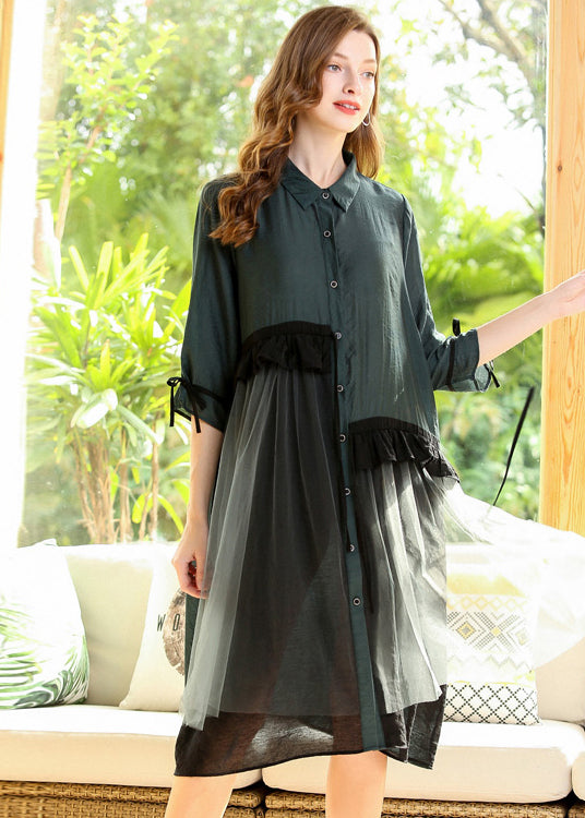 Collared Button Down Ruffle Mesh Layer Three Quarter Shirt Dress - View 2