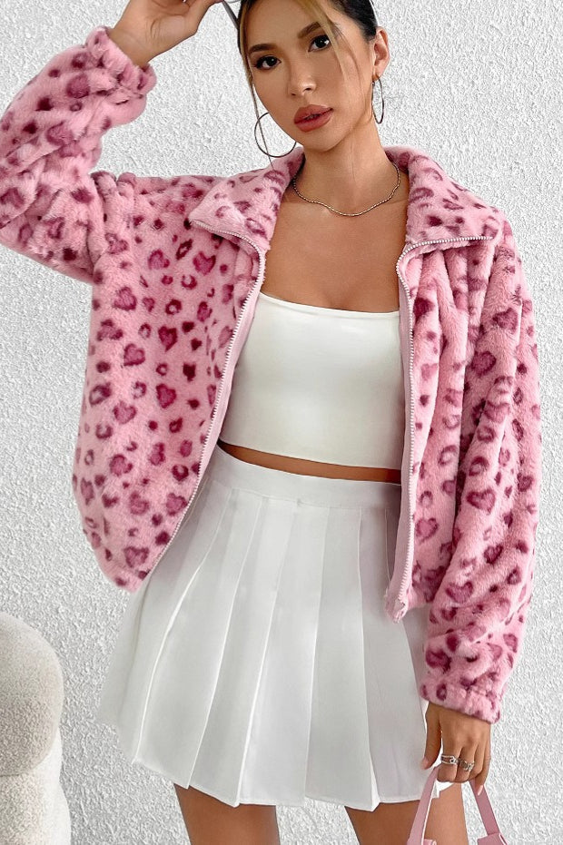 Cozy Heart Leopard Print Fleece Coat