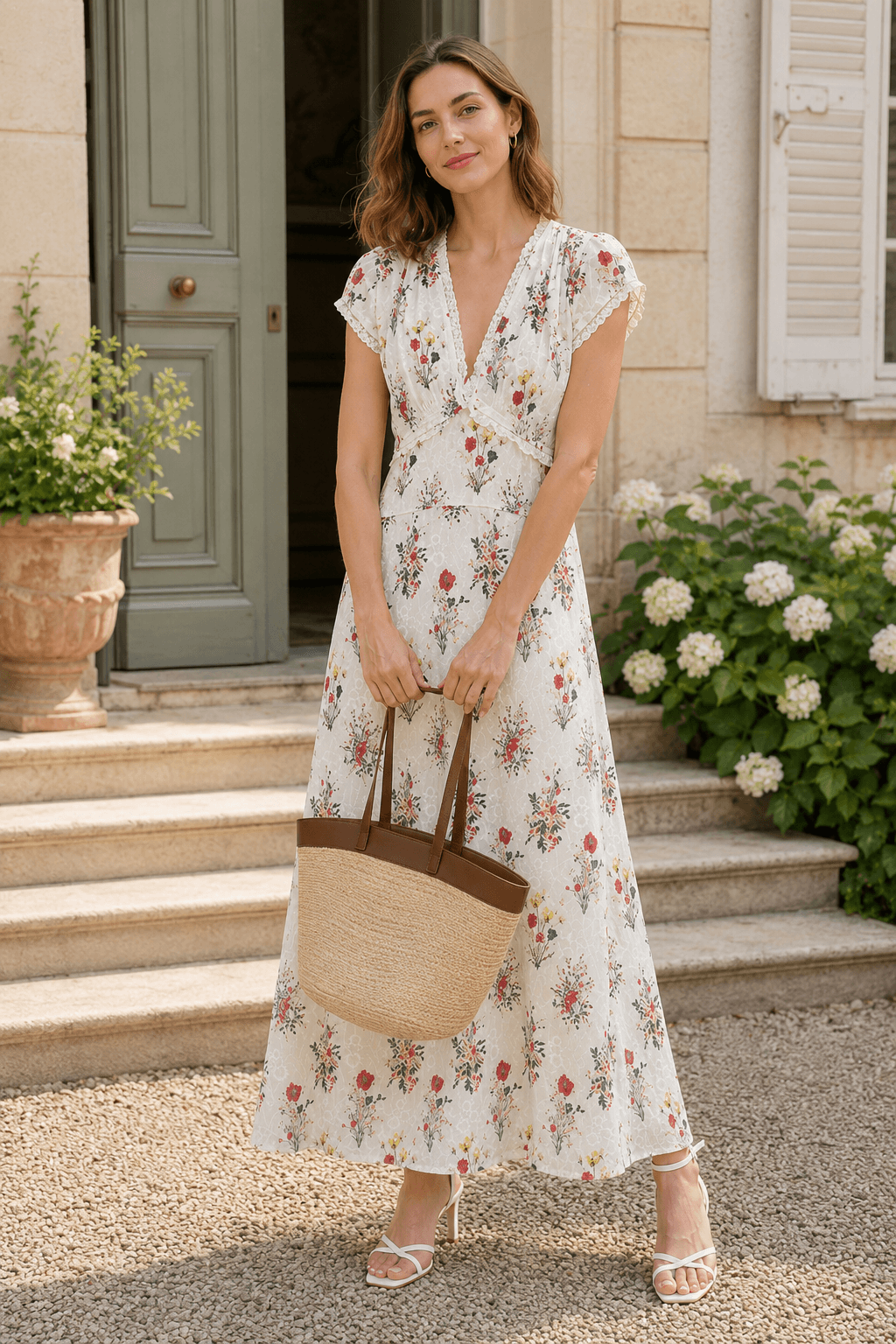 Floral Lace Trim V-Neck Flutter Sleeve Maxi Dress 5