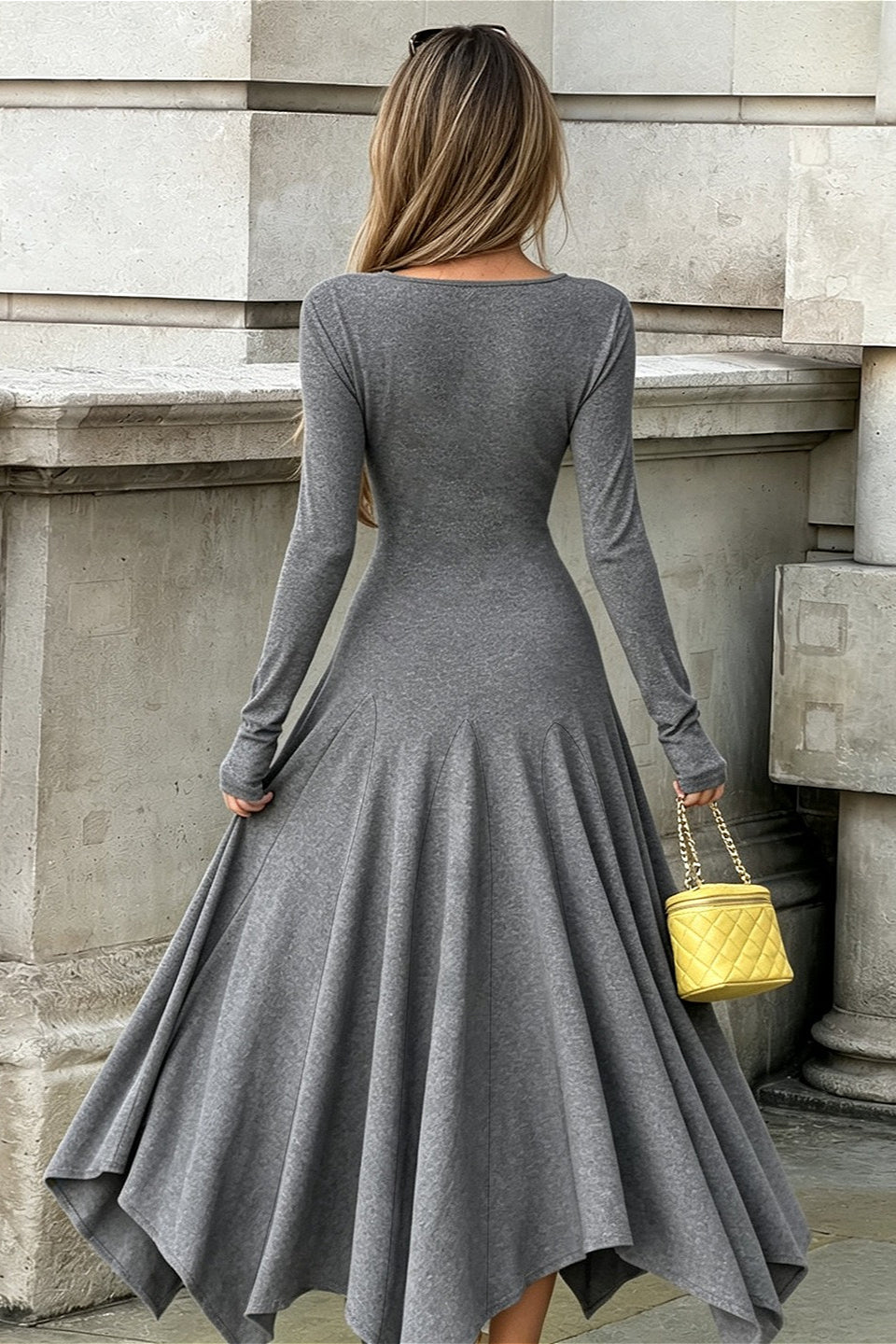 Knit V-Neck Long Sleeve Fit and Flare Midi Dress