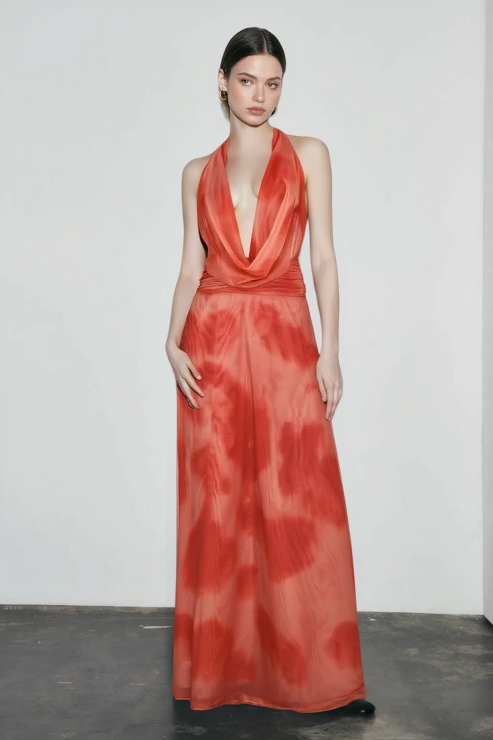 Ombre Print Halter Deep V-Neck Cowl Maxi Gown 3