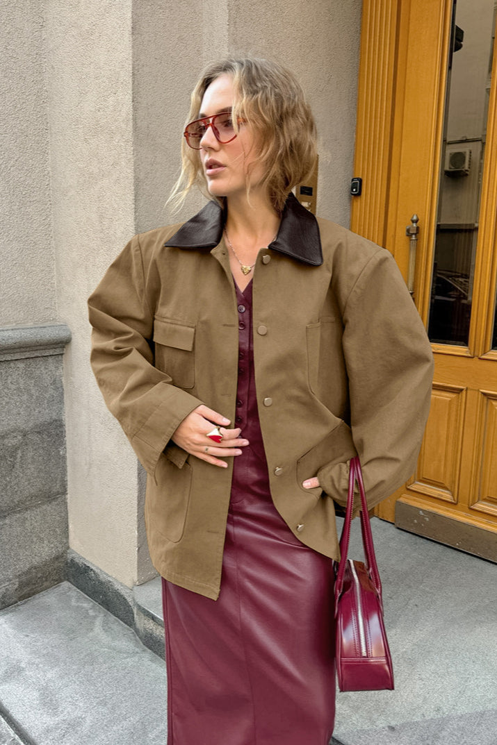 Elegant Brown PU Spliced Coat for Stylish Comfort and Durability
