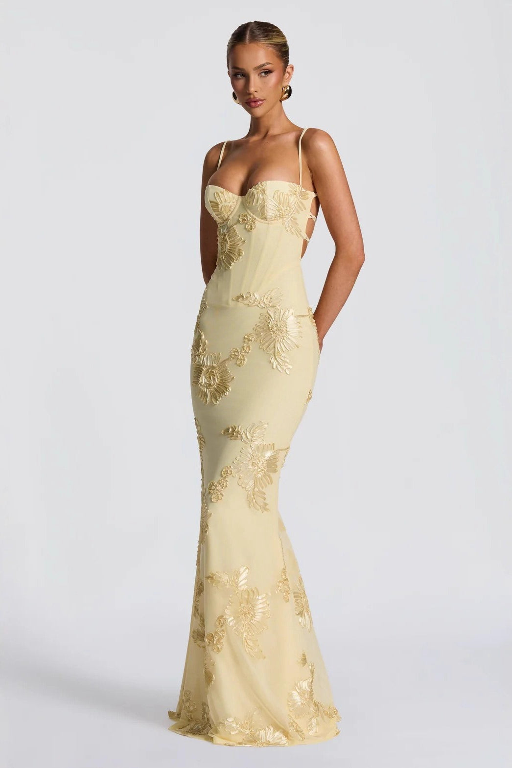 Floral Embroidered Bustier Mermaid Maxi Gown