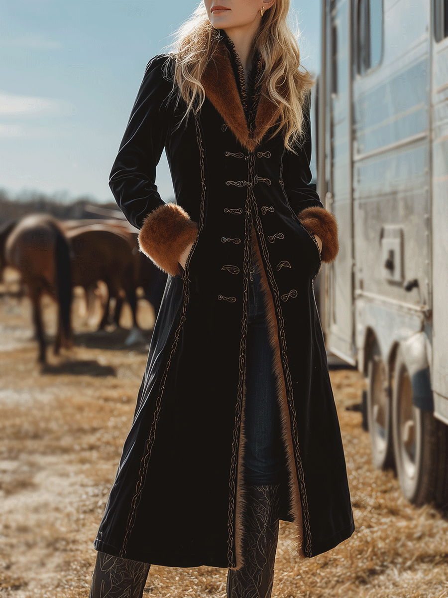 Vintage Black Velvet Faux Fur Trim Long Coat - Fashionpara